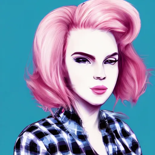 Image similar to full headshot portrait of Lana del ray punk, digital art, short pink hair, drawn by WLOP, by Avetetsuya Studios, anime manga panel, trending on artstation, wearing a plaid shirt