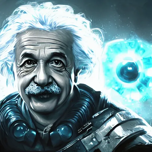 Image similar to Portrait of Albert Einstein, League of Legends amazing splashscreen artwork, Gears of War, splash art,natural light, elegant, photorealistic facial features, intricate, fantasy, detailed face, atmospheric lighting, anamorphic lens flare, cinematic lighting, league of legends splash art, hd wallpaper, ultra high details by Greg rutkowski