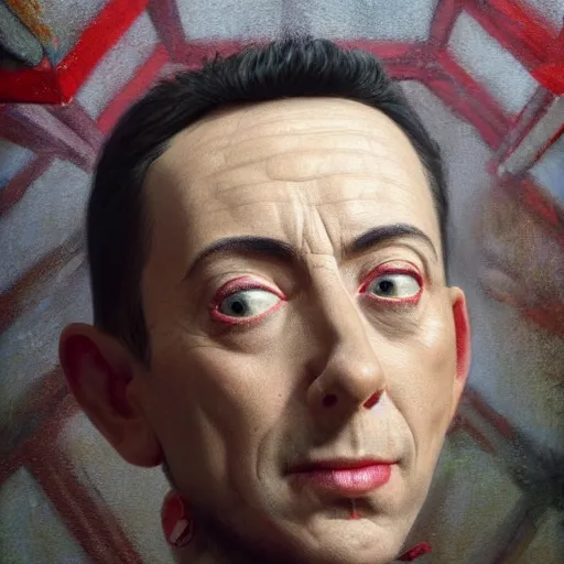 Image similar to hyperrealistic mixed media high resolution painting of the severed head of Peewee Herman resting upon a magnificent mantle in an old cabin, stunning 3d render inspired art by István Sándorfi and Greg Rutkowski and Unreal Engine, perfect facial symmetry, dim volumetric lighting, 8k octane beautifully detailed render, full body shot, post-processing, extremely hyper-detailed, intricate, epic composition, highly detailed attributes, highly detailed atmosphere, cinematic lighting, masterpiece, trending on artstation, very very detailed, masterpiece, stunning, flawless structure, lifelike texture, perfection,