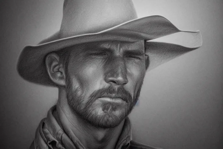 Image similar to hyperrealist pencil drawing of a cowboy by david malan, fantasy art, drawing, dynamic lighting, artstation, poster, volumetric lighting, very detailed faces, 4 k, award winning