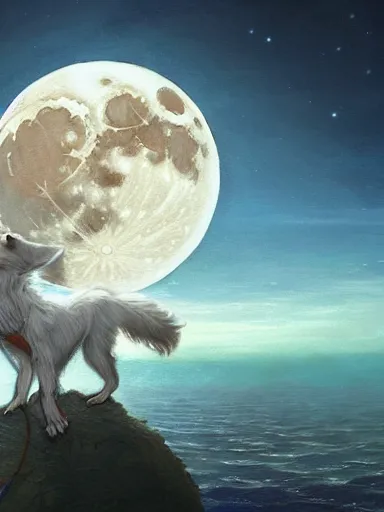 Prompt: the moon, a dog howling, the beautiful ocean in the backgound. intricate, elegant, highly detailed, digital painting, artstation, concept art, sharp focus, illustration, by justin gerard and artgerm, 8 k