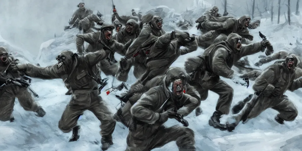 Prompt: a pack of nazi werewolves attack american soldiers during battle of the bulge, manuel perez clemente, artstation