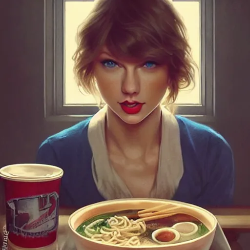 Prompt: taylor swift as a college student, eating ramen, bokeh, beautiful face!!!!, 2 7 years old, cg animation, lifelike, animated, realistic, character select portrait, by artgerm, greg rutkowski, alphonse mucha, anne liebovitz, 3 d