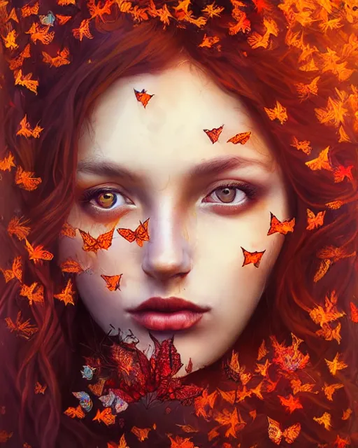 Prompt: autumn priestess covered with curly red hair covered in butterflies and flowers, liquid smoke, leaves, flowers, warm aura, artgerm, alena aenami, photorealism