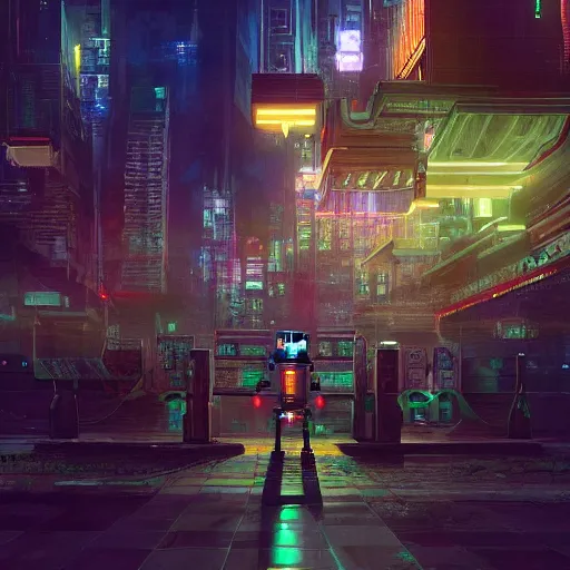 Prompt: extremely detailed realistic digital art render of a ciberpunk mayan robot in a cyberpunk city by night by James Jean y craig mullins street view render in unreal engine, ArtStation, CGSociety