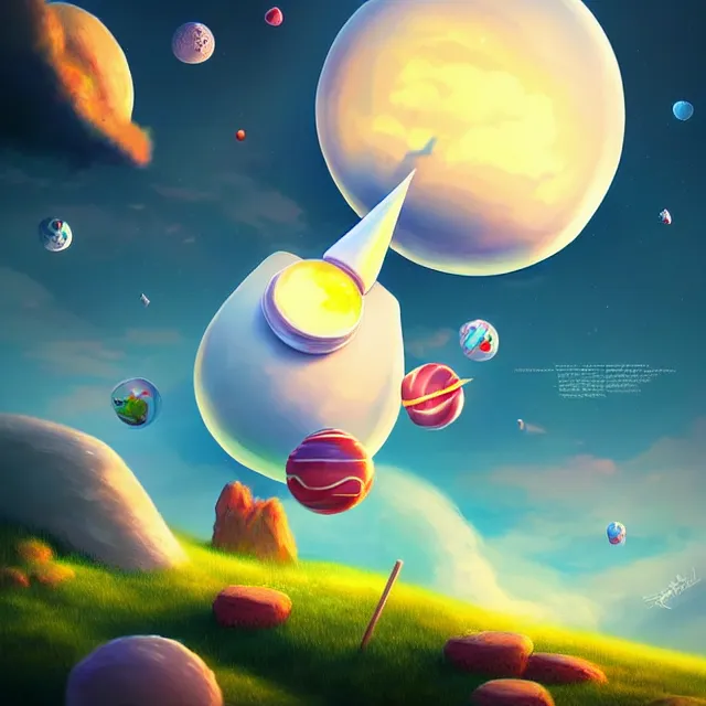 Image similar to epic professional digital art of a marshmallow rocket landing on a cheery candy planet landscape, best on artstation, breathtaking, epic, stunning, gorgeous, much detail, much wow, cgsociety, wlop, pixiv, behance, deviantart, masterpiece