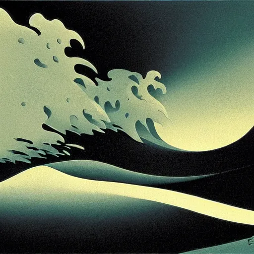 Image similar to a perspective view of waves crashing on the shore, by eyvind earle