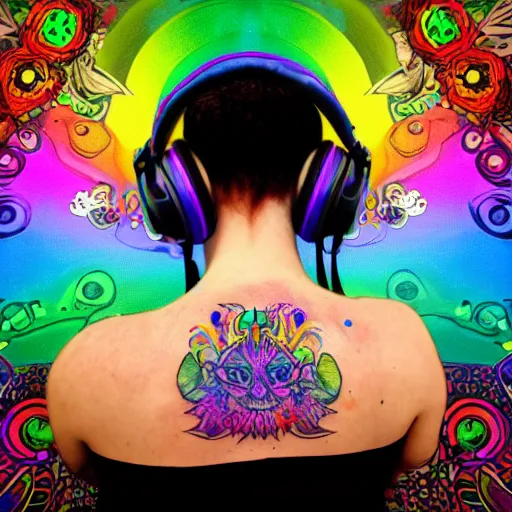 Image similar to shoulder back tattoo of a multicolored cute bush baby wearing headphones, in front is dj desk with cd mixer, eyes are colorful spirals, surrounded with colorful magic mushrooms and rainbowcolored marihuana leaves, insanely integrate