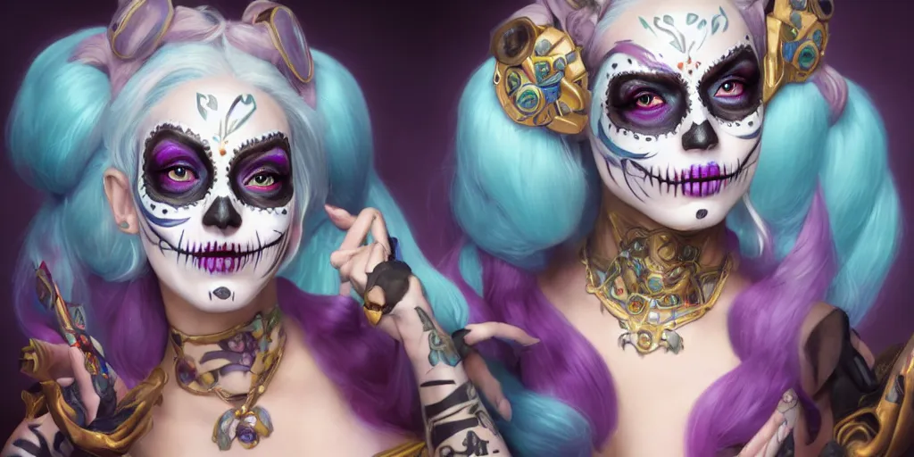 Image similar to uhd portrait photography mirror of jinx from league of legends with her face painted as in the dia de los muertos, coherent portraits, mmorpg fantasy, intricate, elegant, highly detailed, digital painting, trending on artstation, hdr photo, smooth, sharp focus, illustration, art by artgerm and greg rutkowski and alphonse mucha