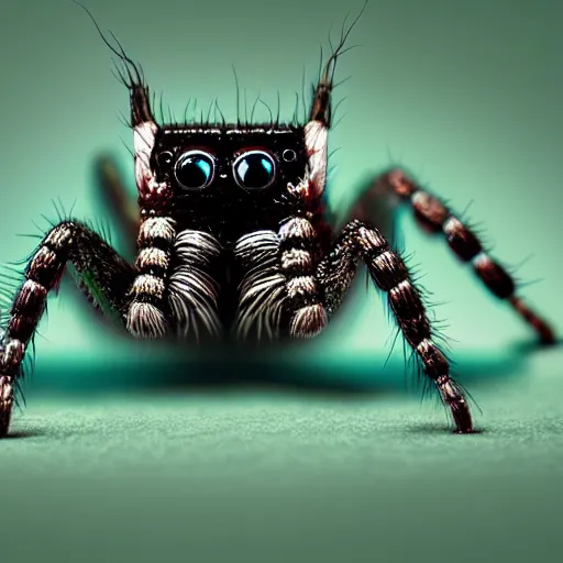 Prompt: a jumping spider using tiny computer keyboard tiny, by pixar, macro lens, iridescent, photomontage