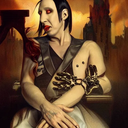 Prompt: clear portrait of marilyn manson holding a coffin, golden hour background, cottagecore!!, hyper detailed, character concept, full body, dynamic pose, intricate, elegant, highly detailed, digital painting, artstation, concept art, smooth, sharp focus, illustration, art by artgerm and greg rutkowski and alphonse mucha