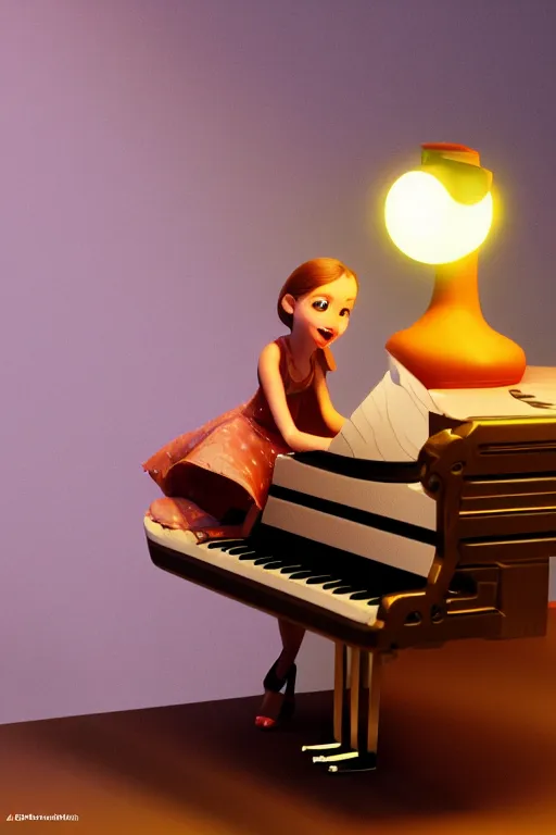 Prompt: a lovely girl playing a piano by pixar, digital 3 d, oct, beautiful, gorgeous, dramatic lighting, rule of thirds, perfect composition, trending on artstation, 4 k