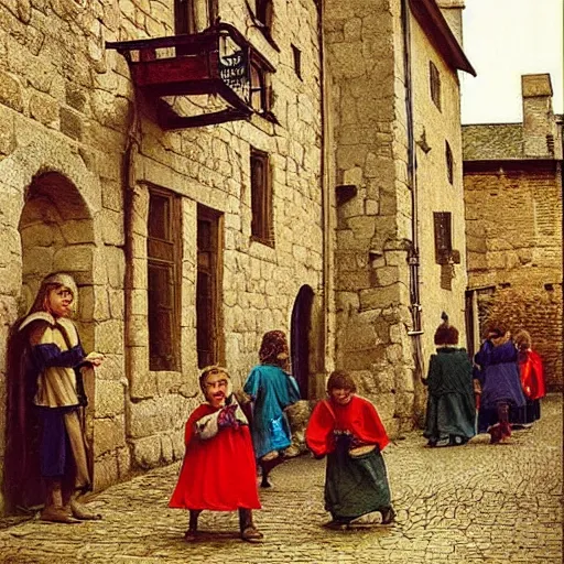 Prompt: “medieval childs playing in the town”