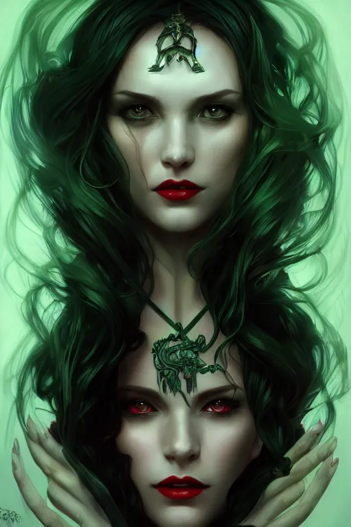 Image similar to portrait of a dark fantasy seductive female necromancer, stylish black dress, green eyes, long red hair, fantasy, elegant, intricate, full frontal shot, highly detailed, digital painting, artstation, concept art, sharp focus, illustration, art by artgerm and greg rutkowski and alphonse mucha