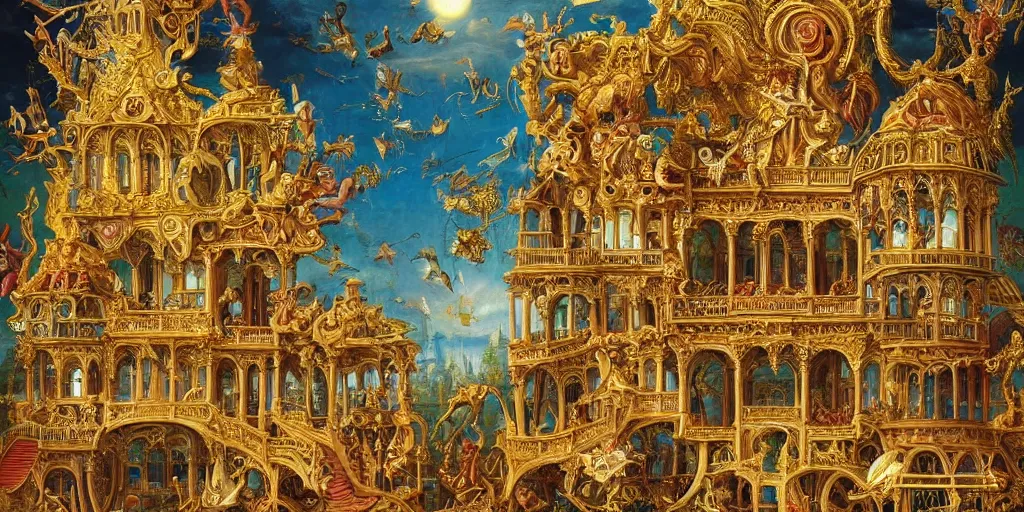 Image similar to beautiful!!! ornate heavenly!!! gold rococo megastructure in the style of heironymus bosch, colorful intricate masterpiece, hyper detailed, hd