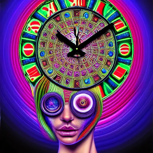 Image similar to An extremely psychedelic portrait of a clock, surreal, LSD, face, detailed, intricate, elegant, lithe, highly detailed, digital painting, artstation, concept art, smooth, sharp focus, illustration