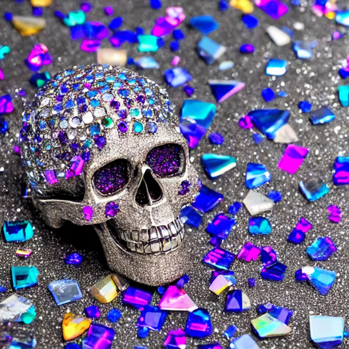 Image similar to jewelry skull made of prismatic crystals, dark background, studio shot