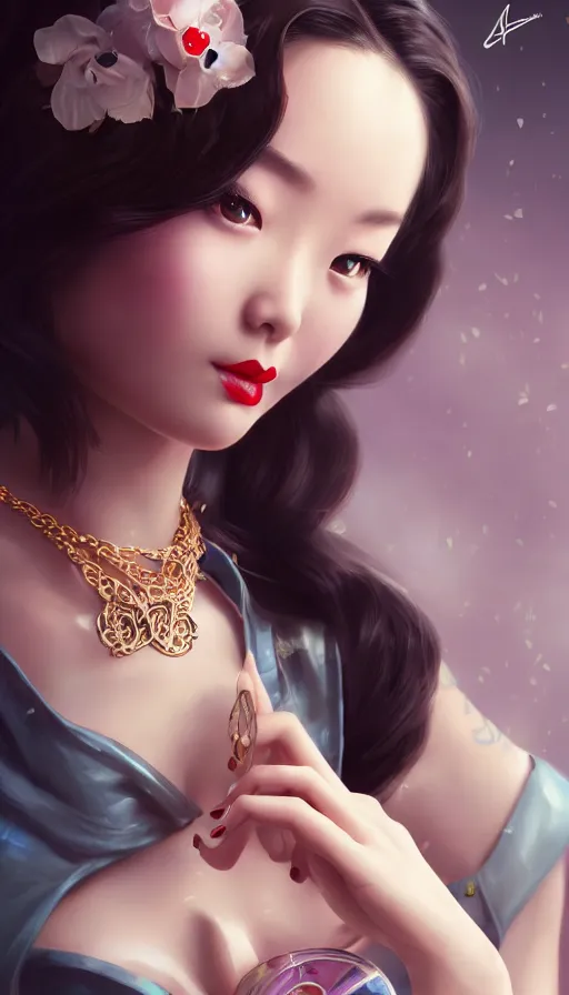 Image similar to a pin up and beautiful fashion and charming and dreamlke asian girl with lv jewelry, medium shot, art by artgerm & ross tran & wlop, hyperdetailed, 8 k realistic, symmetrical, frostbite 3 engine, cryengine, dof, trending on artstation, digital art