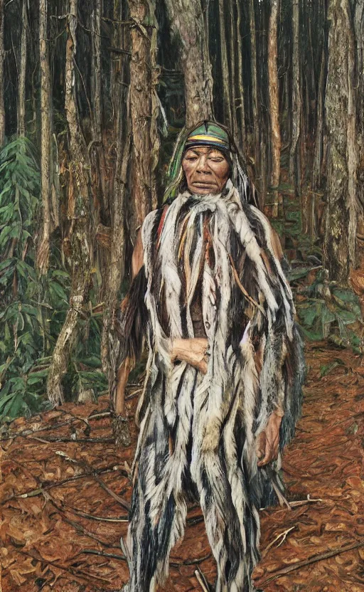 Prompt: full shot picture of indigenous leader standing in the forest, painted by lucian freud, hd, super detailed, amazing, realistic lighting