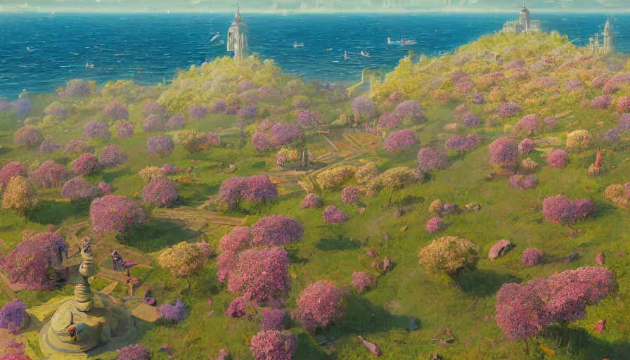 Image similar to landscape painting overhead view of violet evergarden facing away standing on a distant colorful flower hill, behind it a distant old european city leiden, ocean, sunshine, fantasy, intricate, elegant, highly detailed, digital painting, artstation, blender, unreal engine 5, octane render, smooth, sharp focus, illustration, by Anton Fadeev and Philipp A. Urlich and greg rutkowski