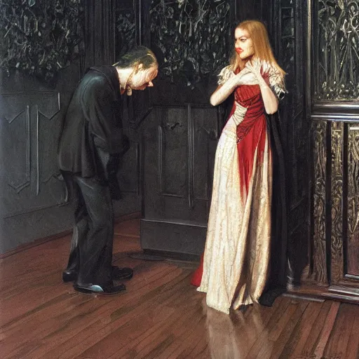 Image similar to woman bows to her vampire master, a sharp realistic painting by donato giancola and berthold woltze.