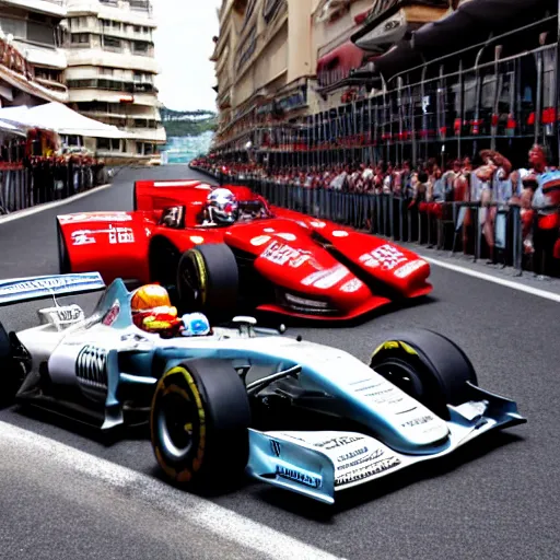 Image similar to lightning mcqueen racing in the streets of monaco against lewis hamilton in a mercedes