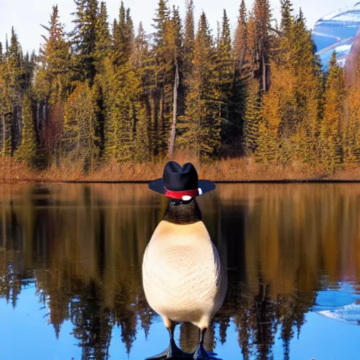 Image similar to A Canadian goose wearing a mountie hat and outfit, photo, 8k