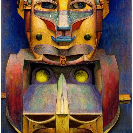 Image similar to the robot in her mechanical mask, by Annie Swynnerton and Diego Rivera, symbolist, dramatic lighting, elaborate geometric ornament, Art Brut ,god rays, soft cool colors,smooth, sharp focus, extremely detailed, Adolf Wölfli