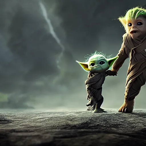 Image similar to babyyoda ( 2 0 2 1 ) is walking to a spaceship. he is walking next to babygroot ( 2 0 1 7 ). they are friends. photorealistic, digital art, epic fantasy, dramatic lighting, cinematic, extremely high detail, cinematic lighting, trending, artstation, cgsociety, 3 d ue 5, 4 k, hq