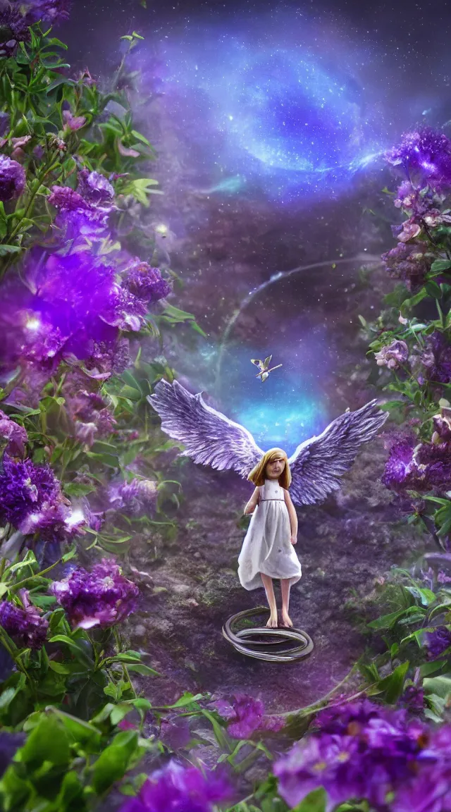 Prompt: tiny biblical angel in a garden, hyper detailed, sharp focus, bokeh, unreal engine, ray tracing, cute, fantasy, sci fi, purple flowers, blue flowers, violet flowers, glowing flowers, tiny, small, hyper realistic, sky, spinning rings with eyes, many eyes, rings of fire, biblical