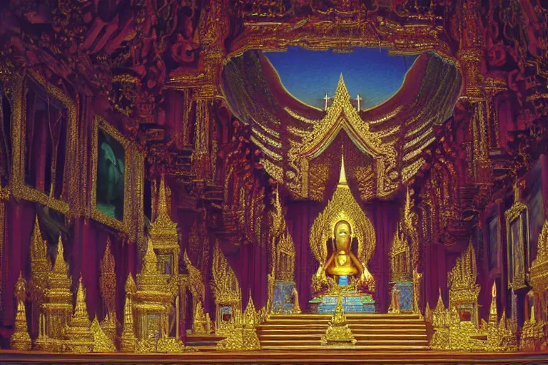 Prompt: megachurch Thai Buddhist temple, cavernous interior wide shot, ornate gold, dark rich colors, concept artwork by Thomas Cole and Tim Hildebrandt and Greg Rudkowski