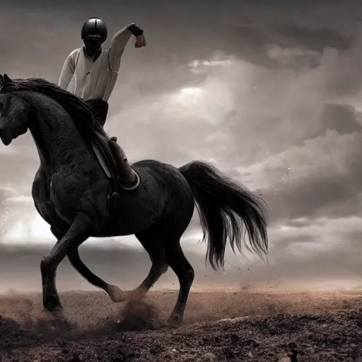 Image similar to hyper realistic picture of the horse rider of the apocalypse decending the sky on the verge of human extintion, deep shadows, high contrast, ash atmospher, nuclear winter