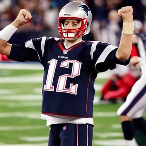 Prompt: Tom Brady holding up 7 super bowl rings on his fingers