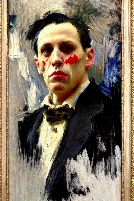 Prompt: impressionist brushstrokes!!!! picasso and and richard schmid and jeremy lipking victorian loose genre loose painting full length portrait painting of a victorian male vampire