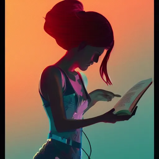 Image similar to a girl reading a book, her hair flowing down, cyberpunk art by by james gilleard, cgsociety, retrofuturism, synthwave, retrowave, outrun