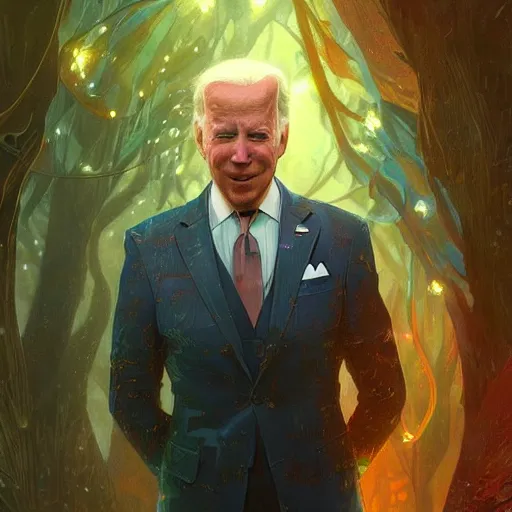 Image similar to ultra realistic illustration of magical joe biden!!!, forest, fantasy, colorful lights, intricate, elegant, highly detailed, digital painting, artstation, concept art, smooth, sharp focus, illustration, art by artgerm and greg rutkowski and alphonse mucha