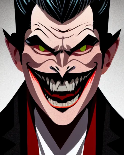 Image similar to handsome male vampire, symmetrical face, evil grin, cinematic, dramatic, super detailed and intricate, 4 k render, by koson ohara, by darwyn cooke, by satoshi kon