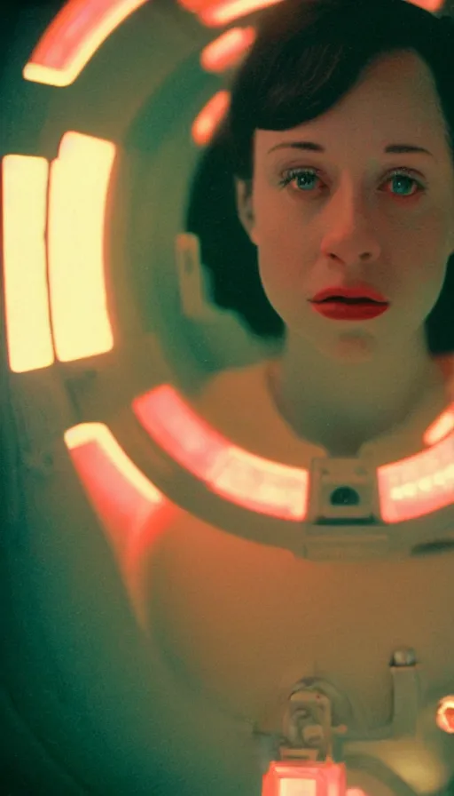 Prompt: Cinestill 50d, 8K, 35mm,J.J Abrams flare; beautiful ultra realistic vaporwave minimalistic psilocybe pilot in space(1950) film still medical lab scene, 2000s frontiers in blade runner retrofuturism fashion magazine September hyperrealism holly herndon edition, highly detailed, extreme closeup three-quarter model portrait, tilt shift recursive background, three point perspective: focus on anti-g flight suit;pointé pose;open mouth,terrified, eye contact, soft lighting