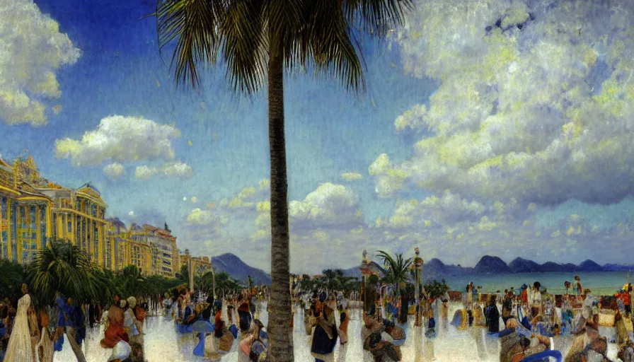 Image similar to a ultradetailed beautiful painting of the thunderstorm sky of the rio de janeiro palace balustrade designed by jules bastien - lepage, tarsila do amaral, frank weston and gustave baumann, beach, trending on artstation, mediterranean, palm trees, sharp focus, colorful refracted sparkles and lines, soft light, 8 k 4 k