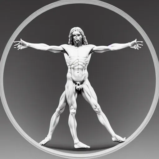 Image similar to Da Vinci's Vitruvian Man as a marble sculpture by Michelangelo, 4k, hyperrealistic, detailed, accurate anatomy, octane render, studio lighting