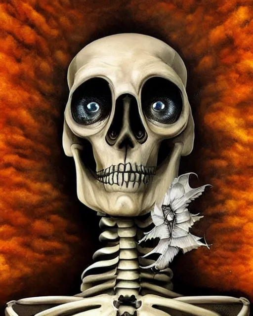 Image similar to halloween skeleton theme surrealist art in the styles of igor morski, jim warren, and a tim burton film, intricate, hyperrealistic, accurate facial details, profile picture with chromakey!!!!! background, volumetric lighting