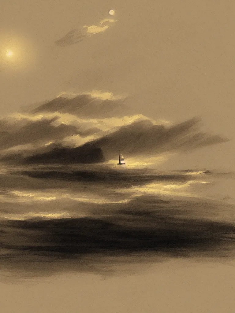 Image similar to lone ship in the ocean at night by disney concept artists, sketches, godly light, blunt borders, golden ratio