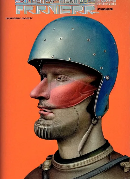 Prompt: beautiful extreme closeup portrait photo Emperor in style of frontiers in helmet motoracing dirt Helmets of Emperor Charles V the Wise, with a golf club, science fashion magazine September, retrofuturism edition, highly detailed, soft lighting, elegant , lighting, 35mm , Edward Hopper and James Gilleard, Zdzislaw Beksinski, Steven Outram, highly detailed