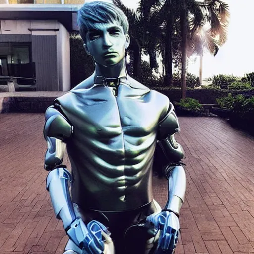 Image similar to “a realistic detailed photo of a guy who is an attractive humanoid who is half robot and half humanoid, who is a male android, twitch streamer Ninja Tyler Blevins, shiny skin, posing like a statue, blank stare, by the pool, display”