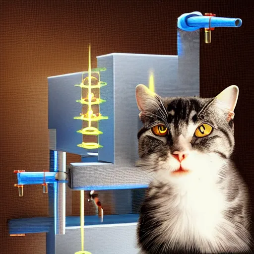 Image similar to Schrodinger's cat performing science experiments in a lab, digital art, high resolution