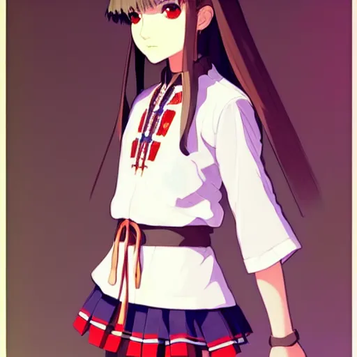 Prompt: a beautiful! boyish! natalie portman model, wearing catholic school girl outfit with mayan pattern and native style, aztec street fashion, guilty gear art direction, perfect face, gapmoe yandere grimdark, trending on pixiv fanbox, painted by greg rutkowski makoto shinkai takashi takeuchi studio ghibli, akihiko yoshida