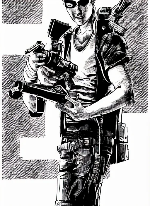 Prompt: hugh lauri with a shotgun, cyberpunk 2 0 2 0 manual, by steampoweredmikej, by tim bradstreet, inktober, ink drawing, black and white, coloring pages, manga, highly detailed