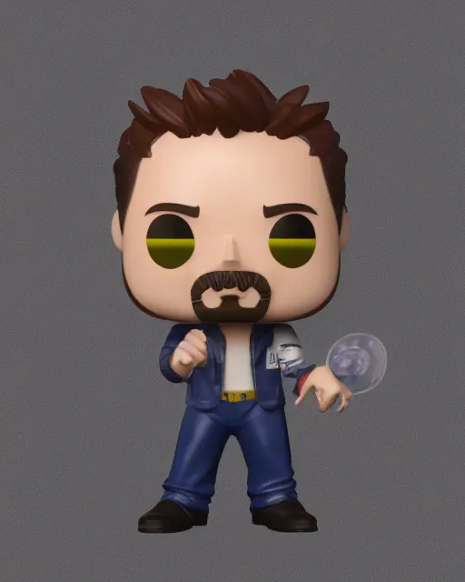 Image similar to full body 3d render of Robert Downey Junior as a funko pop, studio lighting, white background, blender, trending on artstation, 8k, highly detailed