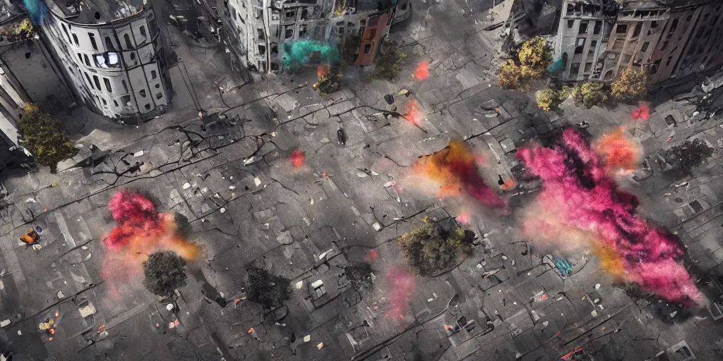 Image similar to post - apocalyptic kreuzberg streets covered in colorful smoke, burned cars, explosions, hyperrealistic, gritty, damaged, drone photography, photorealistic, high details