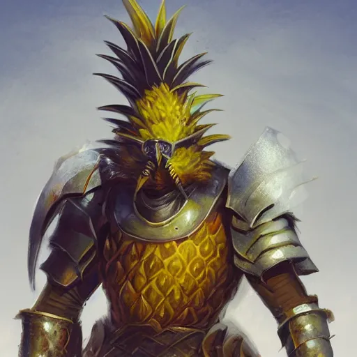 Prompt: Anthropomorphized pineapple in battle armour, D&D, fantasy, cinematic lighting, highly detailed, digital painting, artstation, concept art, smooth, sharp focus, illustration, warm light, cozy warm tint, magic the gathering artwork, volumetric lighting, 8k, no gold, no gold colours, art by Akihiko Yoshida, Greg Rutkowski